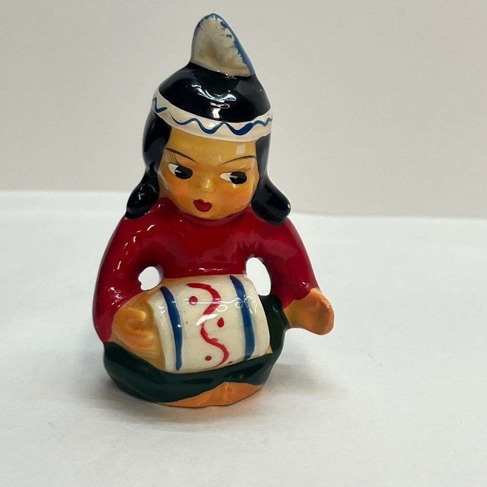 Vintage Native American‎ Girl Drummer Ceramic Salt Pepper Shaker Red Green 3.5"
